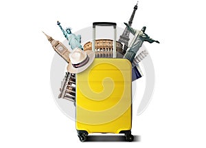 Yellow travel bag with world landmark