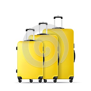 Yellow travel plastic suitcase with wheels realistic hand Luggage