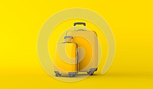 Yellow travel suitcase against a yellow background. 3D Rendering