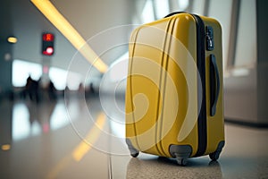 Yellow travel suitcase in airport terminal. Travel concept.