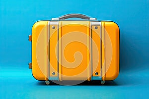 Yellow travel suitcase on blue background.