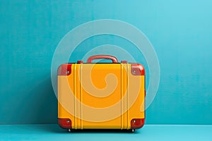 Yellow travel suitcase on blue background.