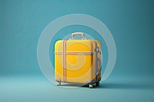 Yellow travel suitcase on blue background.