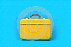 Yellow travel suitcase on blue background.