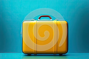 Yellow travel suitcase on blue background.