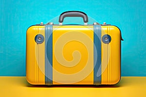 Yellow travel suitcase on blue background.