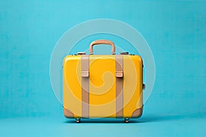 Yellow travel suitcase on blue background.