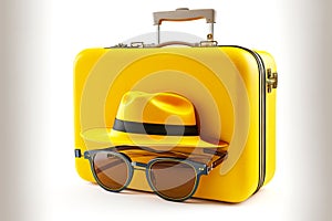 yellow travel suitcase with glasses and hat