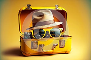 yellow travel suitcase with glasses and hat