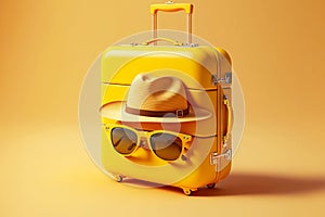 Yellow travel suitcase with glasses and hat