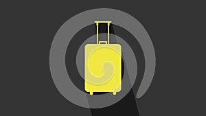 Yellow Travel suitcase icon isolated on grey background. Traveling baggage sign. Travel luggage icon. 4K Video motion