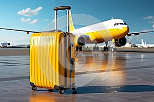 A yellow travel suitcase stands near the airport window against the background of passenger planes. Generated by AI