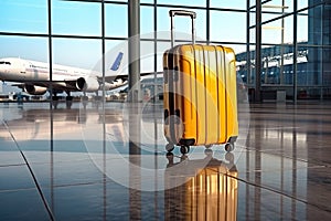 A yellow travel suitcase stands near the airport window against the background of passenger planes. Generated by AI