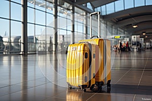 A yellow travel suitcase stands near the airport window against the background of passenger planes. Generated by AI