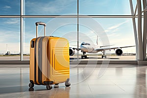 A yellow travel suitcase stands near the airport window against the background of passenger planes. Generated by AI