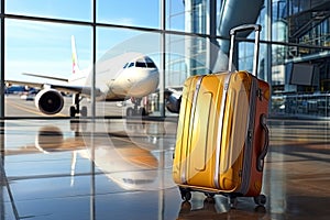 A yellow travel suitcase stands near the airport window against the background of passenger planes. Generated by AI