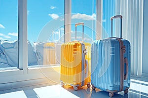 A yellow travel suitcase stands near the airport window against the background of passenger planes. Generated by AI