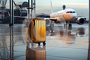 A yellow travel suitcase stands near the airport window against the background of passenger planes. Generated by AI