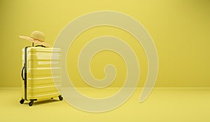 Yellow travel suitcase with a straw hat on a yellow background. 3D rendering illustration.