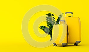 Yellow travel suitcase with tropical palm tree leaves. 3D Rendering