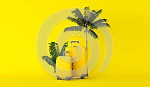 Yellow travel suitcase with tropical palm tree leaves. 3D Rendering