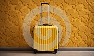 Yellow travel suitcase on wall background