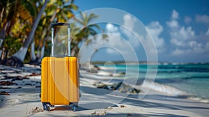 yellow travel suitcase on wheels on nature background