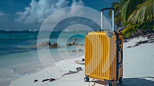 yellow travel suitcase on wheels on nature background