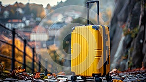 yellow travel suitcase on wheels on outdoor background
