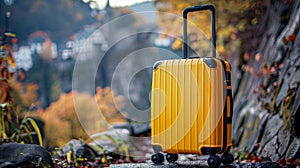 yellow travel suitcase on wheels on outdoor background