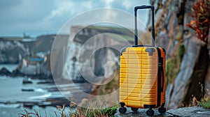 yellow travel suitcase on wheels on outdoor background