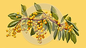 Yellow tree with green leaves and small, brightly colored fruit hanging from branches. These fruits are likely to be