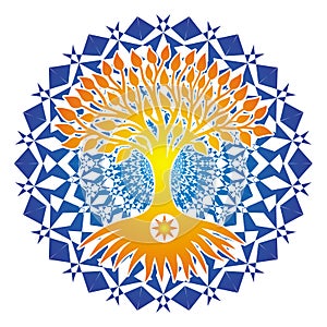 The yellow tree of life in a circle on a mandal blue tracery background. Spiritual, mystical and ecological symbol.
