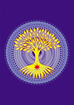 The yellow tree of life in a circle on a mandala tracery background. Spiritual, mystical and ecological sy