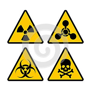 Yellow triangle warning biohazard, radioactive and toxic sign set. Biohazard, chemical hazard warning vector symbol sti