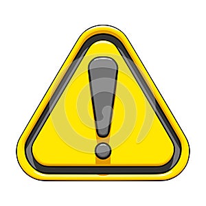 Yellow triangle warning sign with exclamation mark inside, front view. Warning sign icon
