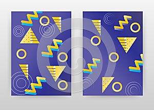 Yellow triangles and rounds on purple design for annual report, brochure, flyer, poster. Geometric abstract background vector