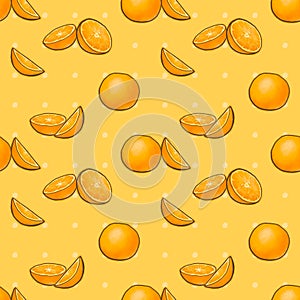 The yellow tropical orange juicy fruit food seamless pattern background raster illustration.