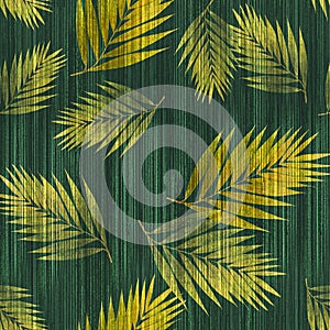 Yellow tropical palm leaves pattern on a watercolor background