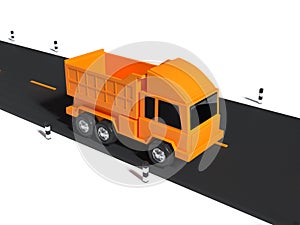 Yellow truck cartoon style on road minimal 3d rendering