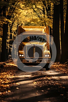 Yellow truck driving through stunning autumn forest landscape with vibrant fall colors