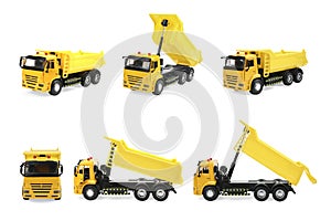 Yellow truck isolated on white, different angles. Collage design with children\'s toy