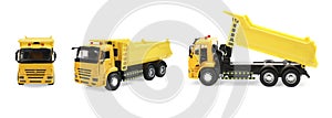 Yellow truck isolated on white, different angles. Collage design with children\'s toy