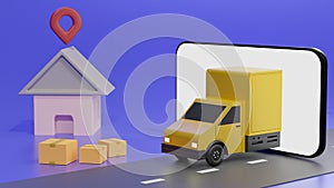 The yellow truck on the mobile phone screen, over blue background order delivery. Online tracking. 3D rendering