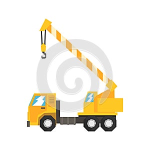 Yellow truck mounted hydraulic crane cartage, heavy industrial machinery vector Illustration