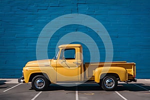 Yellow truck parked in front of blue wall, copy space