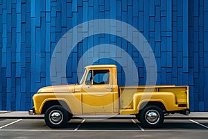 Yellow truck parked in front of blue wall, copy space