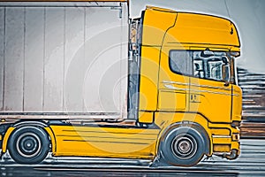 A yellow truck pulls a semi-trailer on the road. Drawn illustration of a truck
