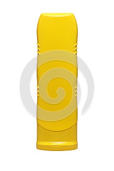 Yellow tube bottle of sunscreen, shampoo, conditioner, hair rinse, gel isolated