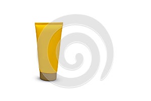 Yellow tube packaging for sunscreen, cosmetic and body care cream isolated on white background. Unbranded moisturizer tube.